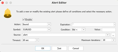 Alert editor interface with settings for currency trading notifications, featuring bell icon