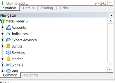 MetaTrader 5 navigator window showing trading tools and features like accounts, indicators, scripts
