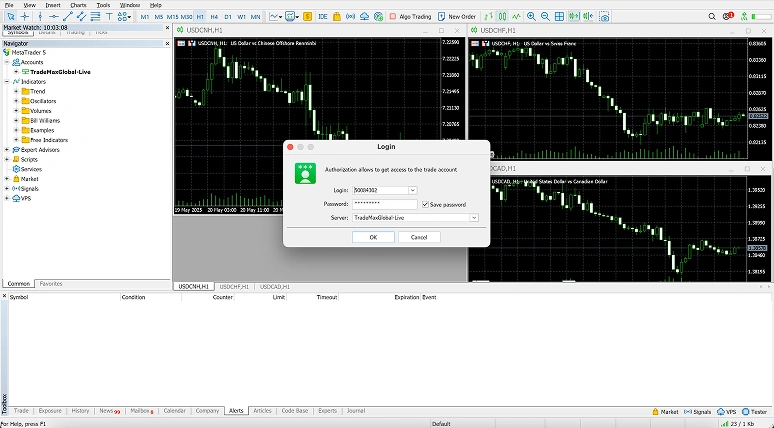 Trading platform interface with candlestick charts and login popup for market analysis