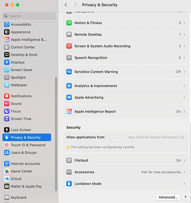 Mac privacy and security settings screen with options for features and permissions