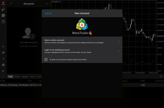 MetaTrader 4 (MT4) new account setup screen with trading chart background