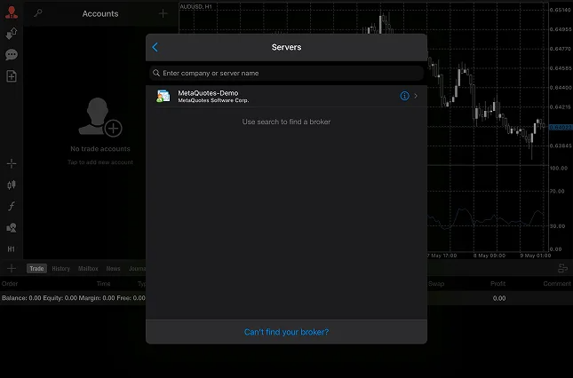 MetaTrader 4 (MT4) trading platform interface with server selection and account setup screens over market chart