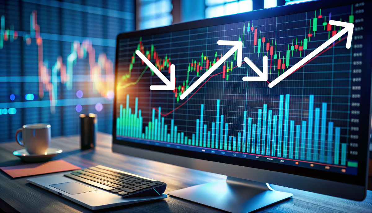 Candlestick chart showing multiple swing highs and swing lows connected by trendlines to illustrate a swing trading strategy.
