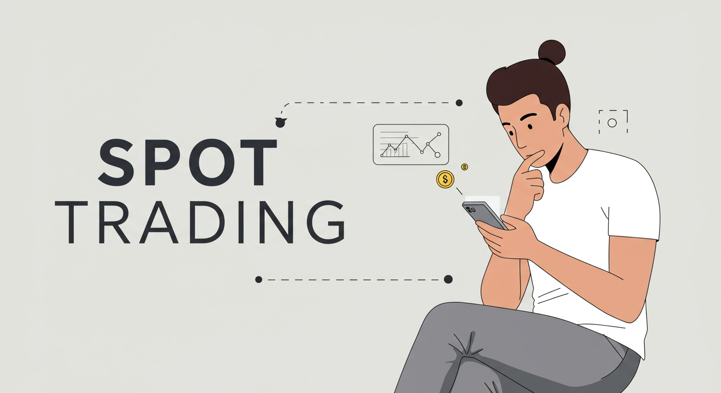 Illustration of a thoughtful trader holding a smartphone with floating chart and coin icons beside the bold text ‘SPOT TRADING’.