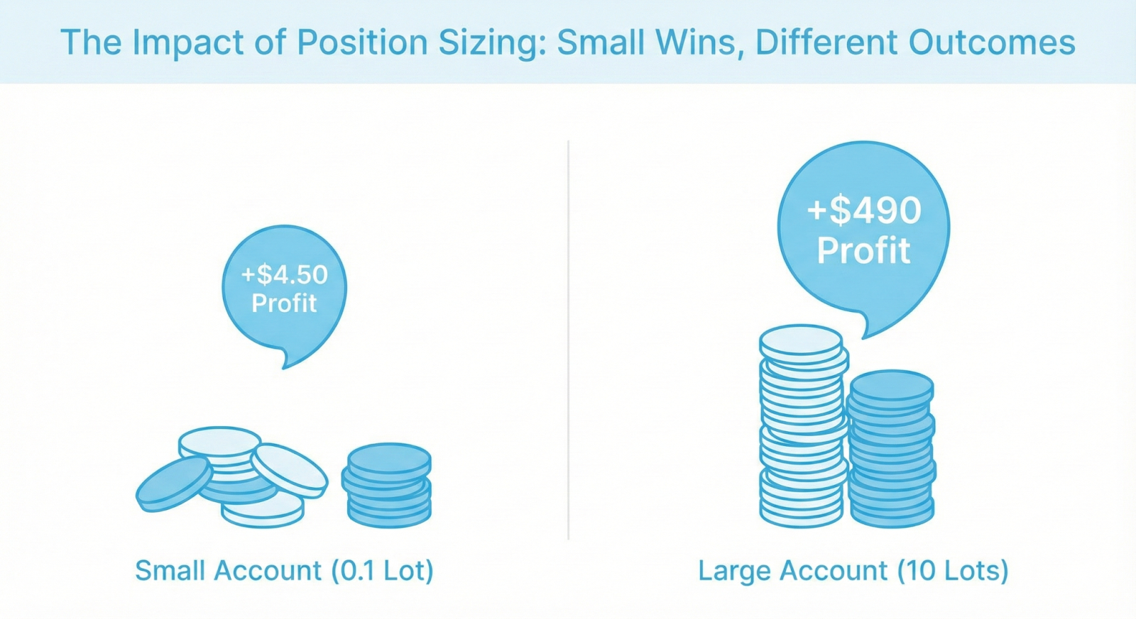 Visual comparison showing how position sizing affects scalping profits. The left side shows a "Small Account (0.1 Lot)" yielding a +$4.50 profit, while the right side shows a "Large Account (10 Lots)" yielding +$490 from the exact same price movement.