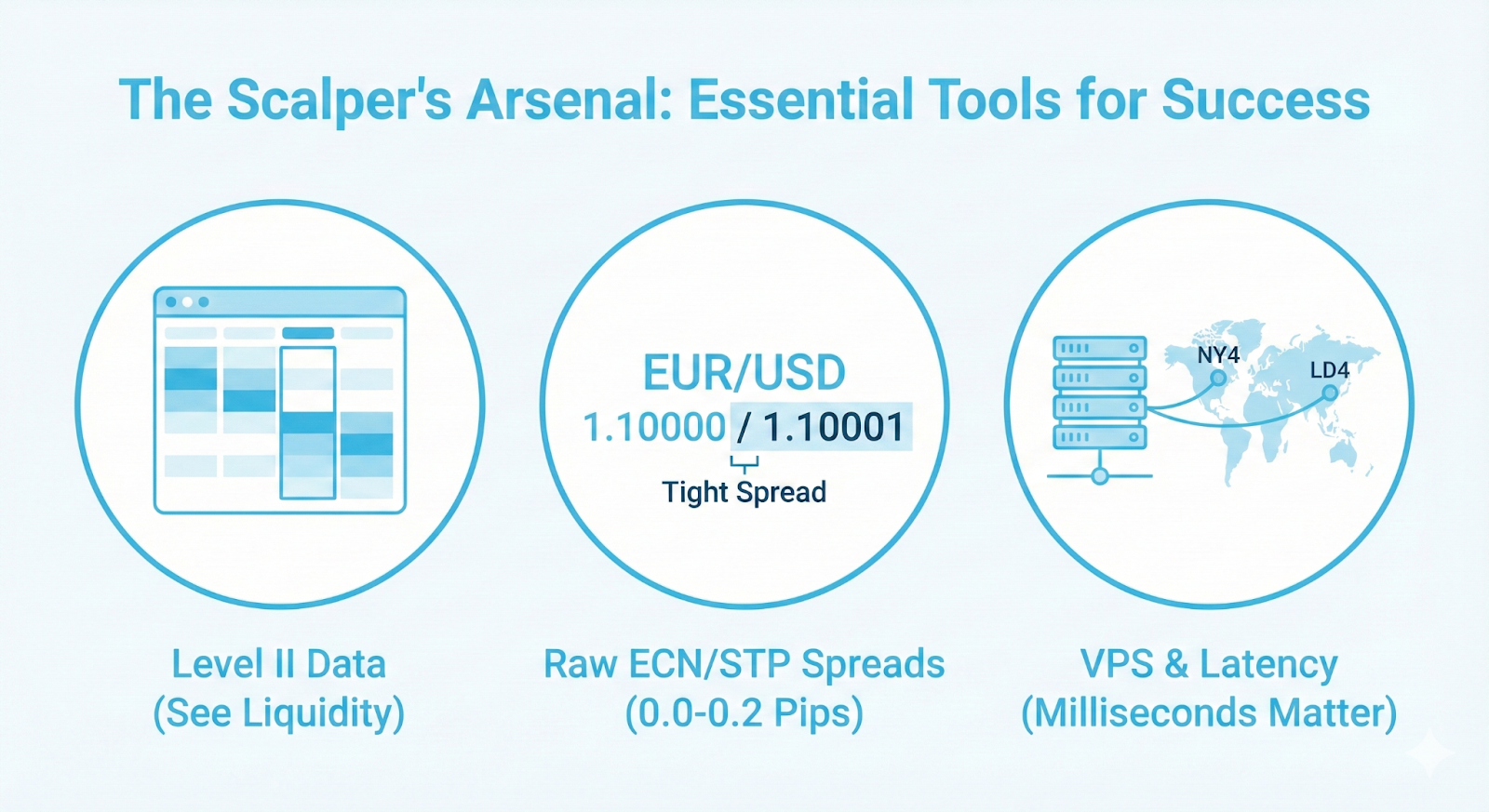 Three circles illustrating "The Scalper's Arsenal." First: Level II Data interface for viewing market liquidity. Second: A EUR/USD quote showing a tight 0.0-0.2 pip spread for ECN/STP execution. Third: A VPS server icon connecting to NY4/LD4 data centers, emphasizing low latency speed.