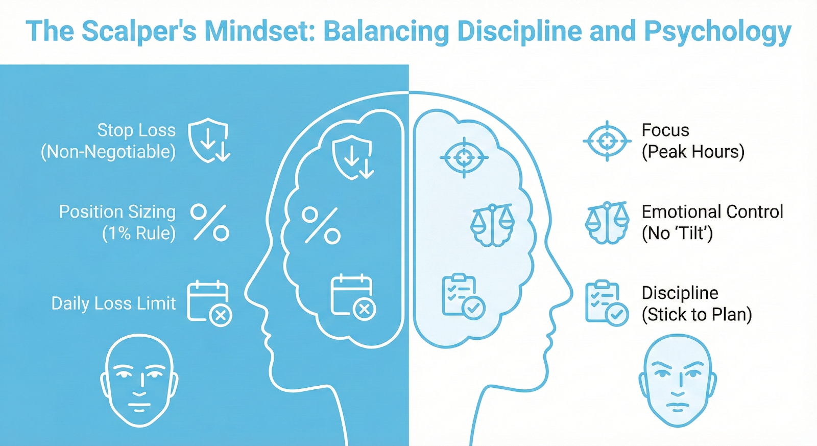 A split-brain illustration labeled "The Scalper's Mindset." The left side lists discipline rules like "Stop Loss (Non-Negotiable)" and "Position Sizing (1% Rule)." The right side lists psychological traits like "Focus (Peak Hours)" and "Emotional Control (No Tilt)."