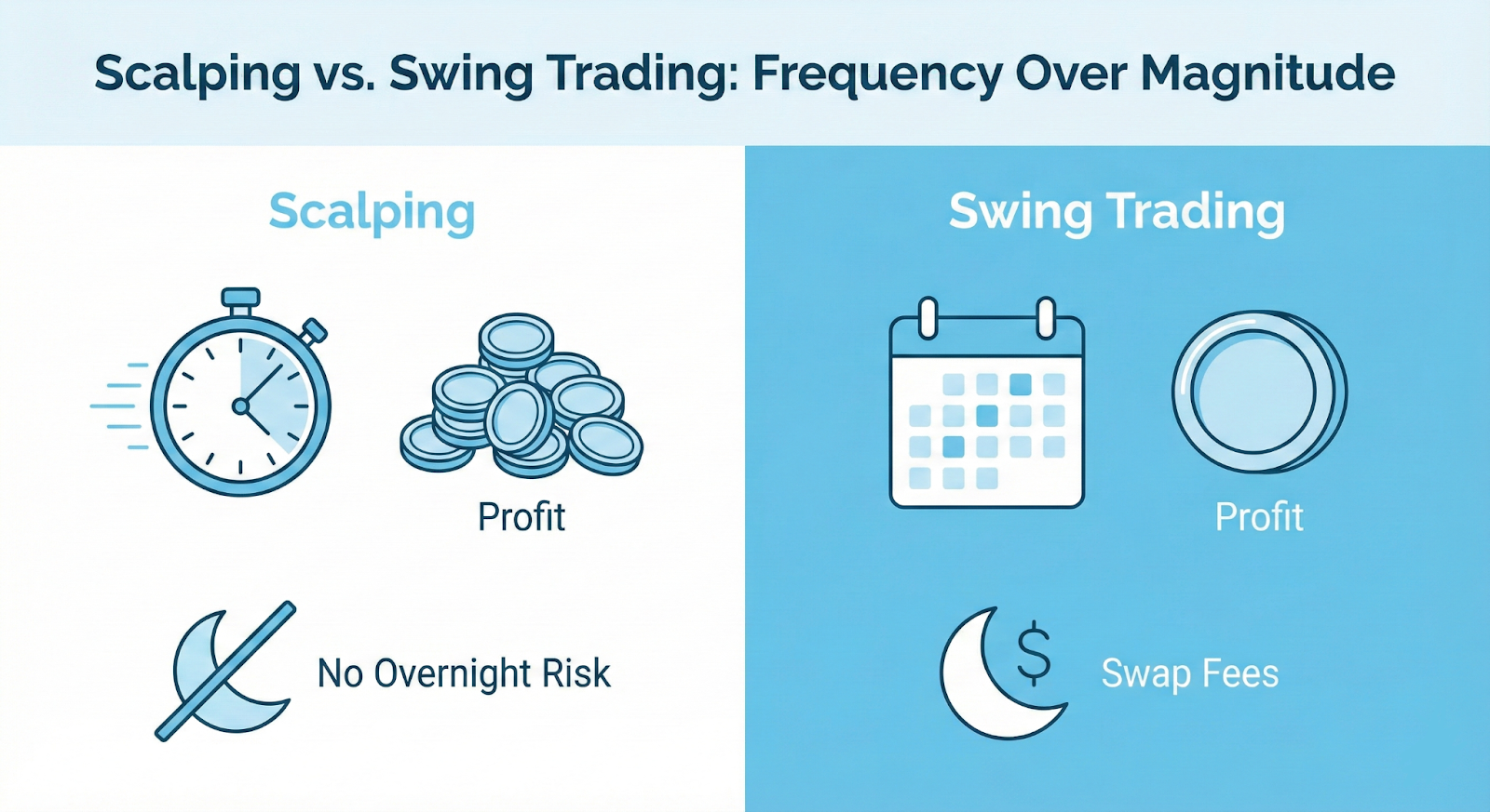 Comparison graphic titled "Scalping vs. Swing Trading: Frequency Over Magnitude." It contrasts Scalping (stopwatch icon, many small coins for frequent profit, no overnight risk) against Swing Trading (calendar icon, one large coin, moon icon indicating overnight swap fees).