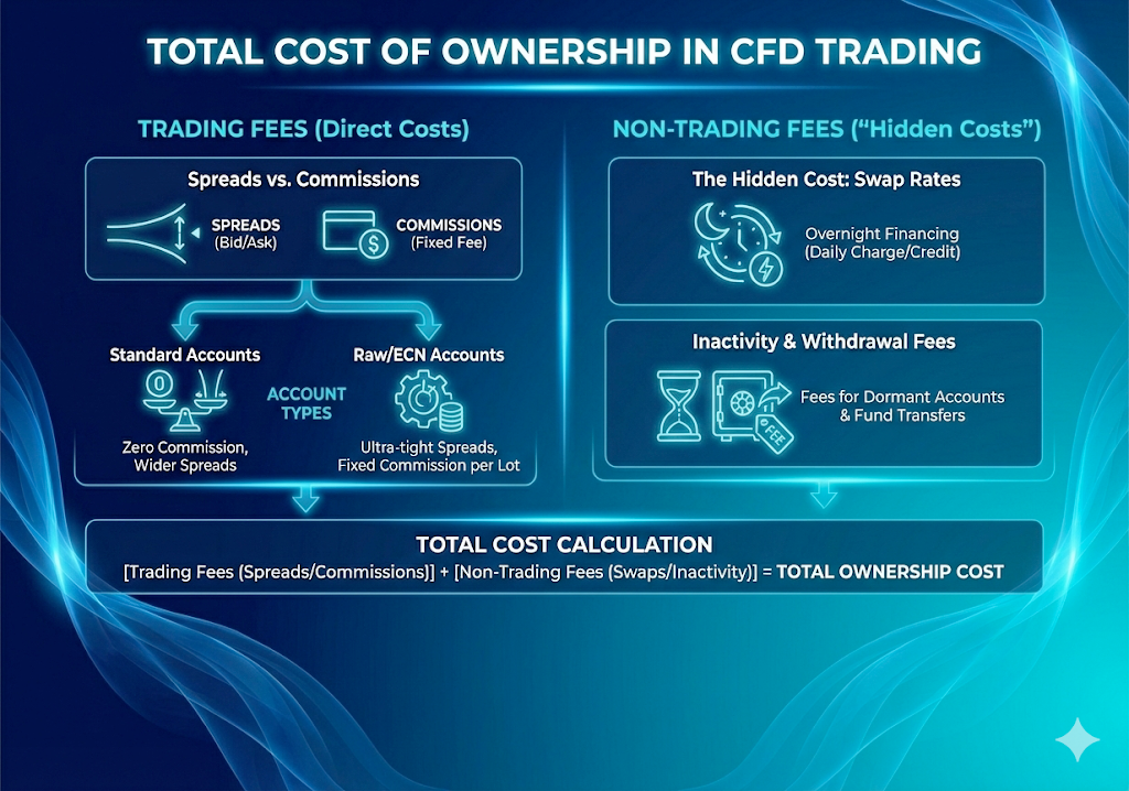 A detailed breakdown of total costs in CFD trading. The chart separates expenses into "Trading Fees" (spreads and commissions) and "Non-Trading Fees" (hidden costs like swap rates, overnight financing, and inactivity fees).