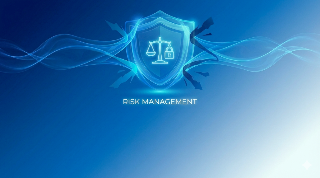A stylized digital illustration of a glowing blue shield containing a balance scale and padlock icon, symbolizing the importance of risk management and capital protection in trading.