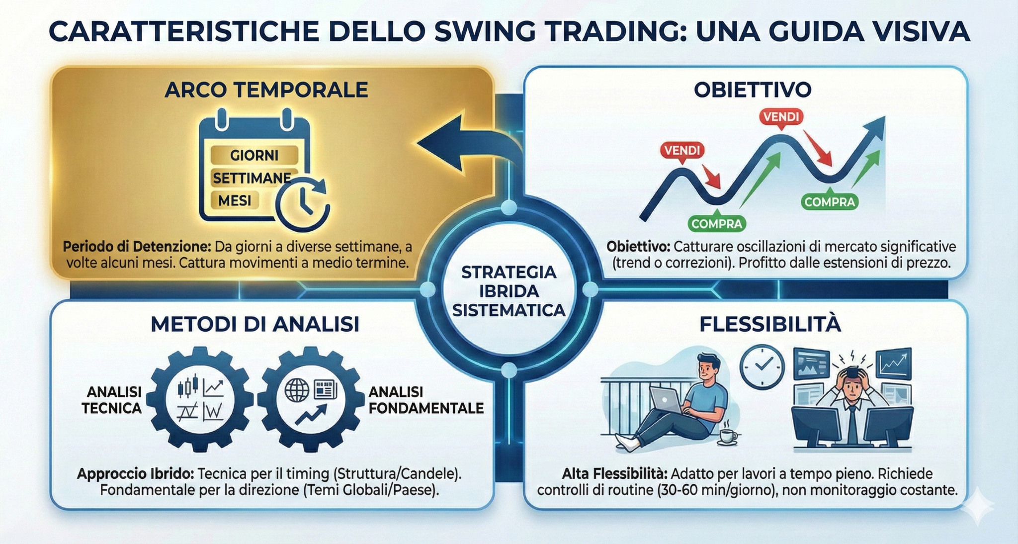Guida visiva intitolata 'Caratteristiche dello Swing Trading' divisa in quattro sezioni chiave. 'Arco Temporale' mostra un calendario evidenziando un periodo di detenzione che varia da giorni a settimane. 'Obiettivo' illustra un grafico a onde con l'intento di catturare oscillazioni di mercato significative (comprare sui minimi, vendere sui massimi). 'Metodi di Analisi' mostra degli ingranaggi che uniscono analisi tecnica (per il timing) e fondamentale (per la direzione) in una strategia ibrida. 'Flessibilità' raffigura un trader rilassato, indicando che lo stile è adatto a chi lavora a tempo pieno e richiede solo controlli di routine di 30-60 minuti al giorno.