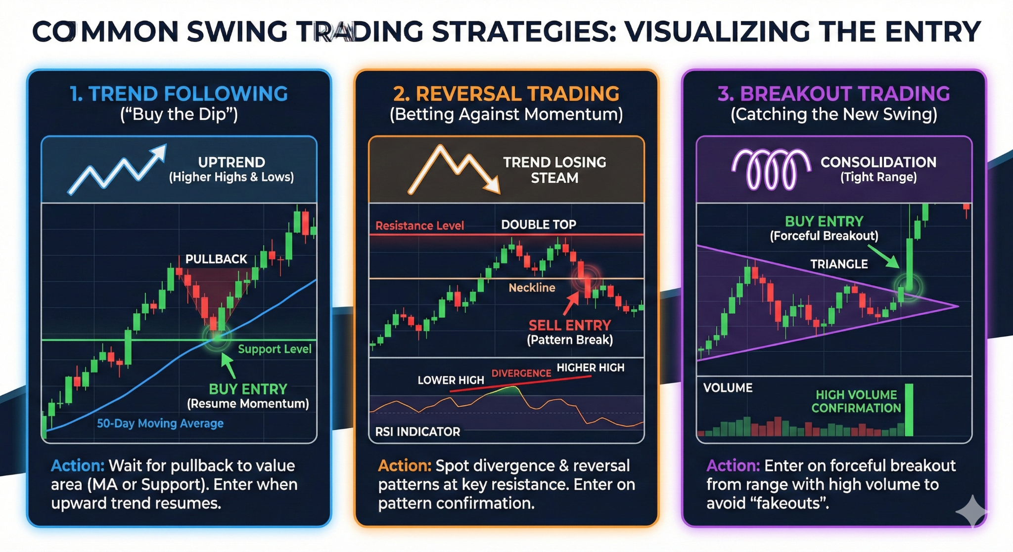 TMGM infographic illustrating three Common Swing Trading Strategies. The first panel shows Trend Following ("Buy the Dip") with entries on pullbacks. The second panel demonstrates Reversal Trading ("Betting Against Momentum") using patterns like Double Tops and divergence. The third panel visualizes Breakout Trading ("Catching the New Swing") with entries on forceful breakouts from consolidation.