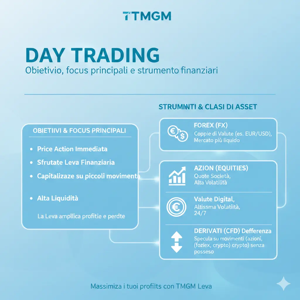 Obiettivi e focus principali del day trading. Infografica che spiega il day trading concentrandosi su andamento dei prezzi, leva finanziaria, elevata liquidità e strumenti negoziabili, tra cui forex, azioni, titoli azionari, criptovalute e derivati ​​come i CFD.