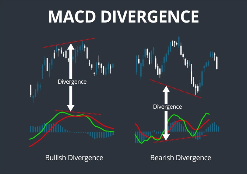 TMGM Academy schema di divergenza MACD tra prezzo e indicatore, con divergenza rialzista e divergenza ribassista evidenziate
