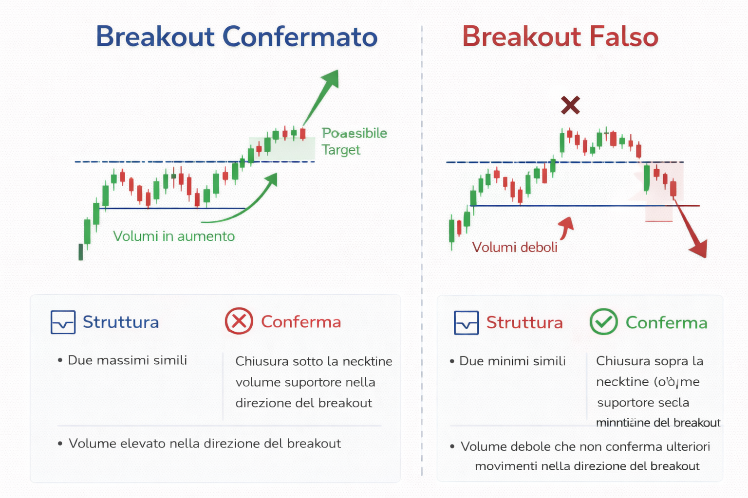 Confronto tra breakout confermato e breakout falso con volume, rottura del livello chiave e ritorno nel range