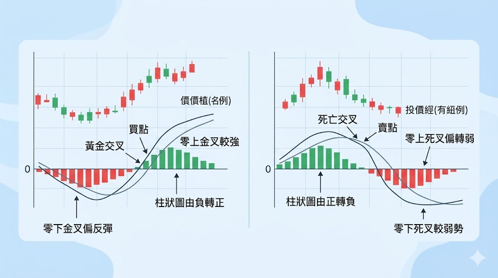 MACD 怎麼看買點和賣點示意圖，左側顯示 MACD 黃金交叉、柱狀圖由負轉正與零上金叉較強，右側顯示 MACD 死亡交叉、柱狀圖由正轉負，以及零上死叉與零下死叉的強弱差異。