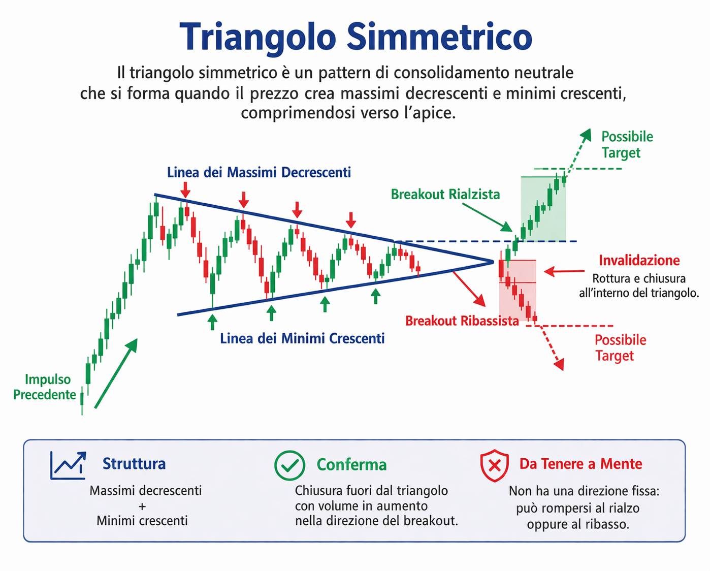 Pattern grafico del triangolo simmetrico con massimi decrescenti, minimi crescenti e possibili breakout in entrambe le direzioni