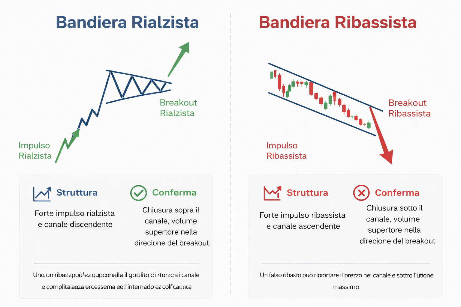 Confronto tra bandiera rialzista e bandiera ribassista nel pattern trading, con impulso iniziale, canale di consolidamento e breakout