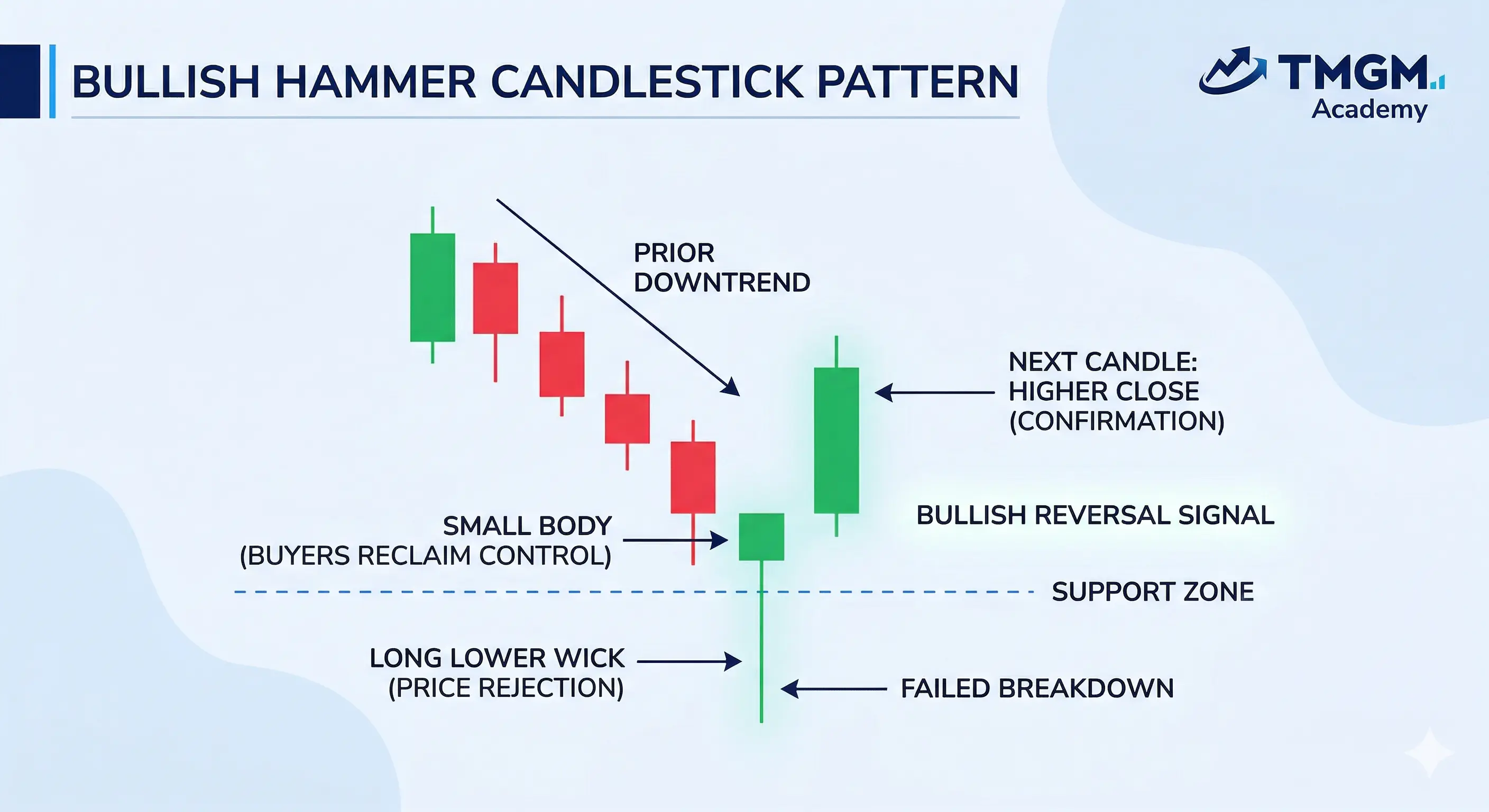 Hammer candlestick pattern with long lower wick after downtrend showing bullish reversal signal, TMGM Academy
