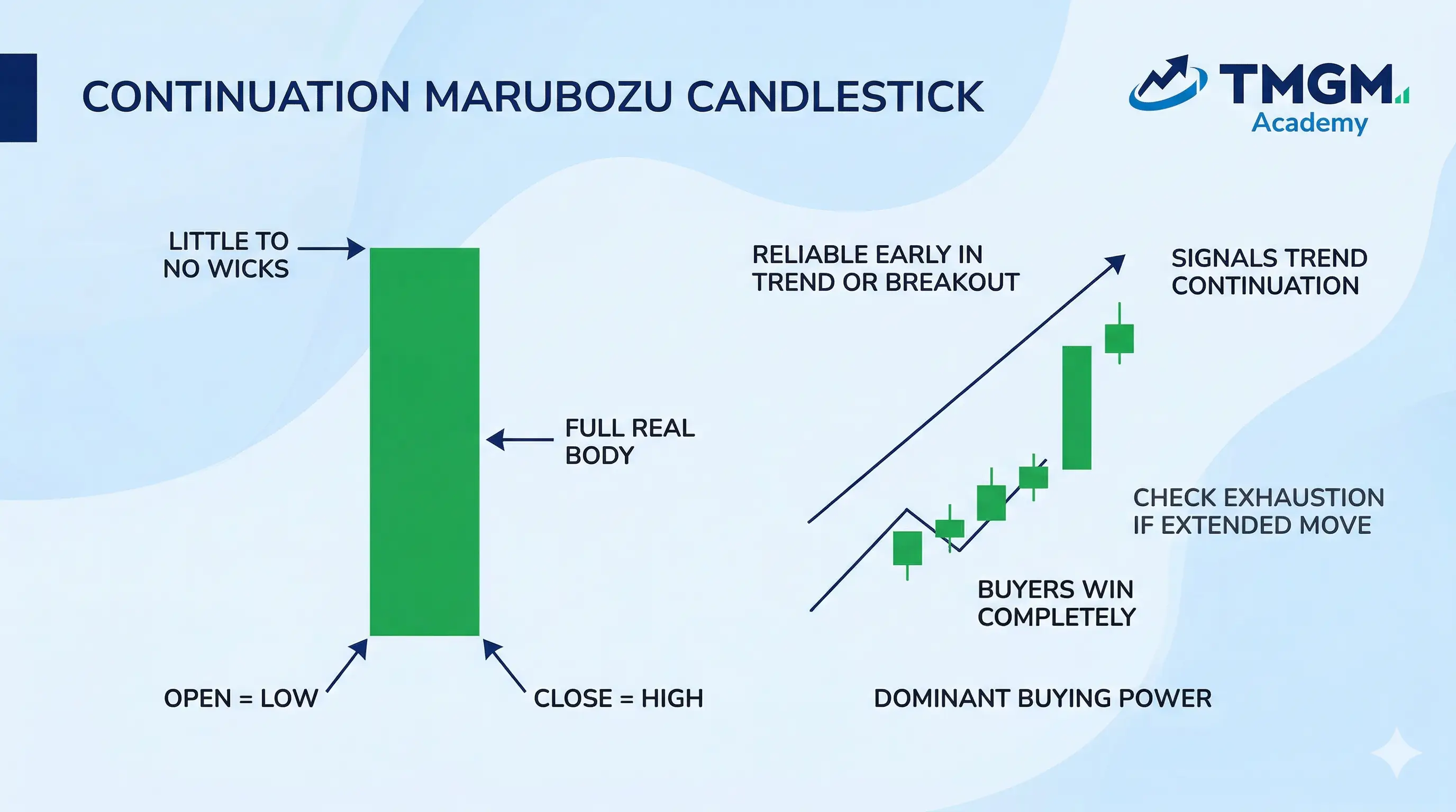 Marubozu candlestick pattern with full body and no wicks showing strong bullish trend continuation, TMGM Academy