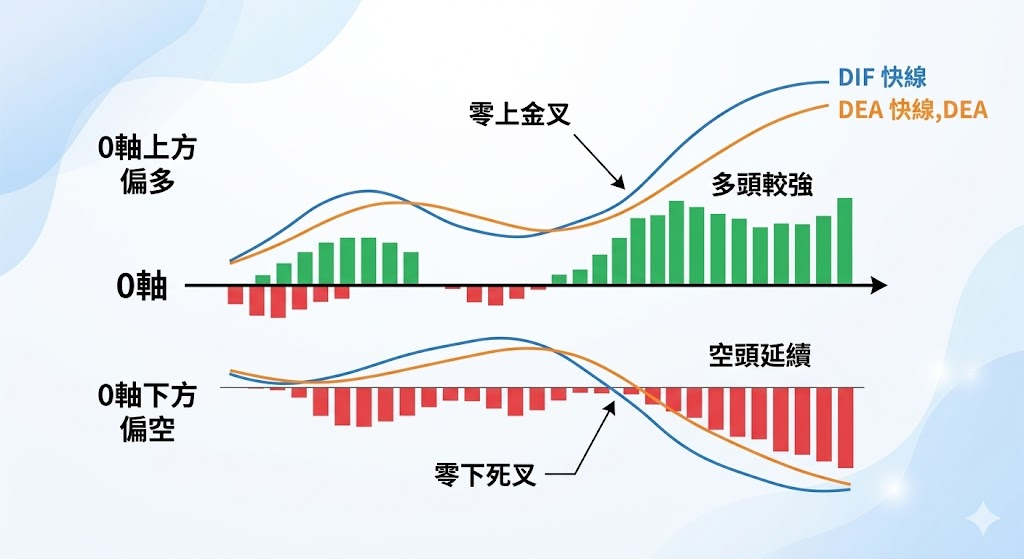 MACD 0軸怎麼看示意圖，顯示 0 軸上方偏多、0 軸下方偏空，並標示零上金叉代表多頭較強、零下死叉代表空頭延續，說明 MACD zero line 的多空分界作用。