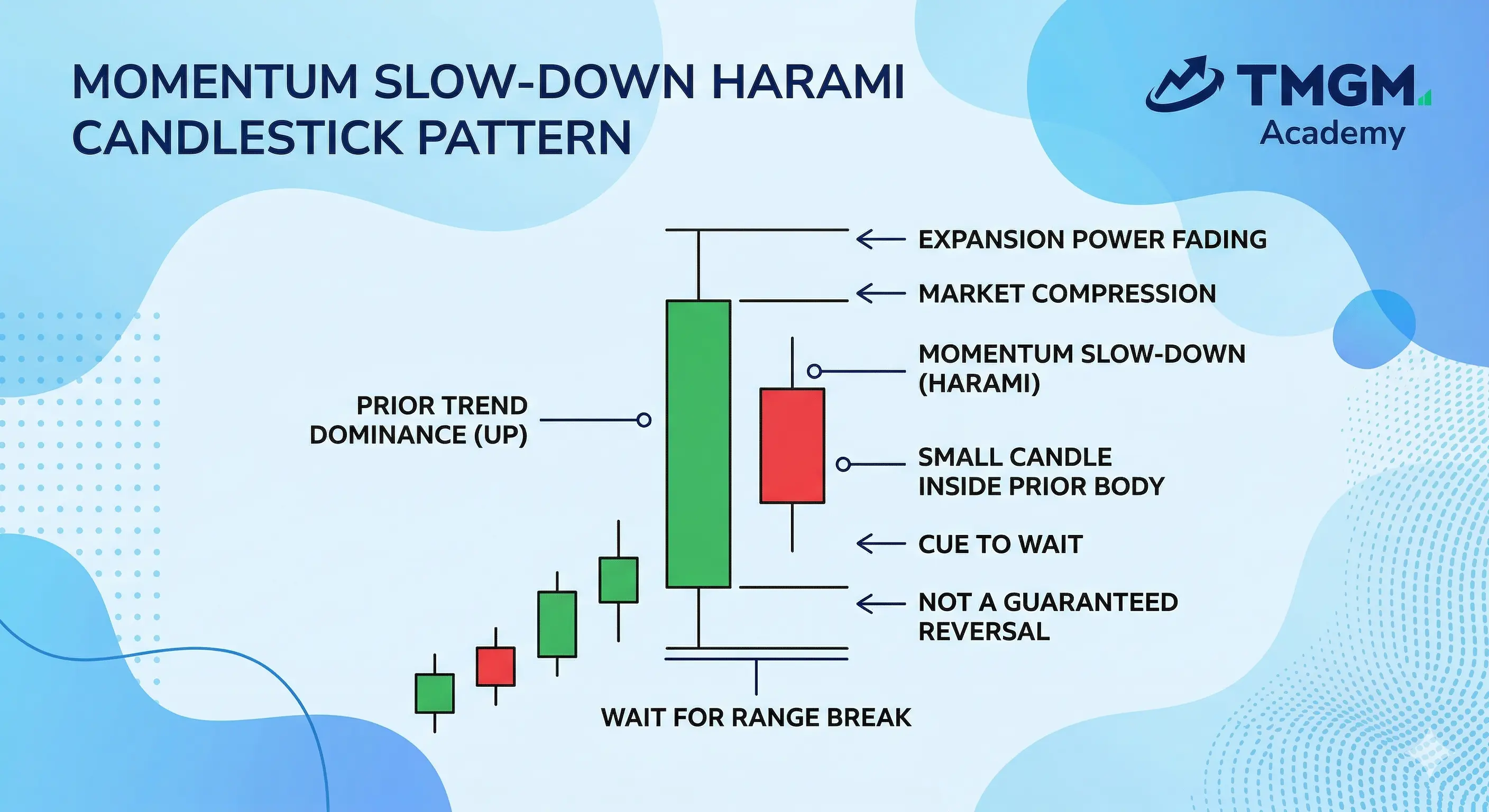 Harami candlestick pattern with small candle inside prior body showing momentum slowdown, TMGM Academy