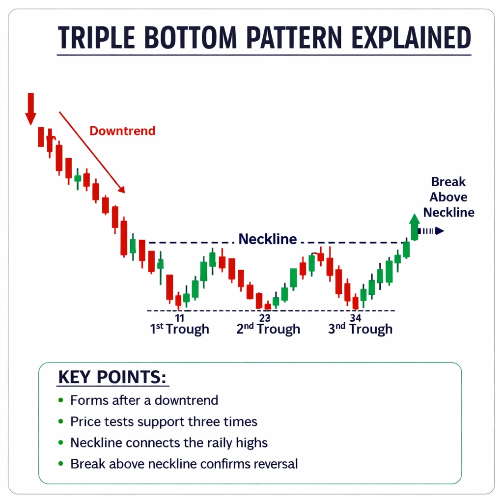 TMGM Academy triple bottom pattern explained chart showing three troughs at support, a neckline resistance level, and a bullish break into an uptrend