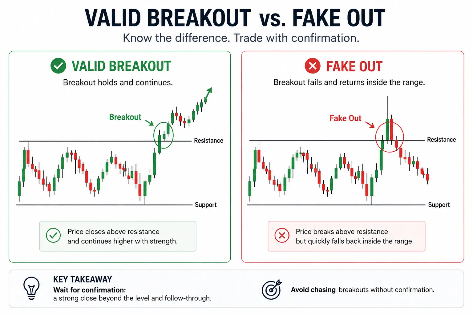 Price action breakout vs fake out showing confirmation vs failed breakout at resistance level, TMGM Academy