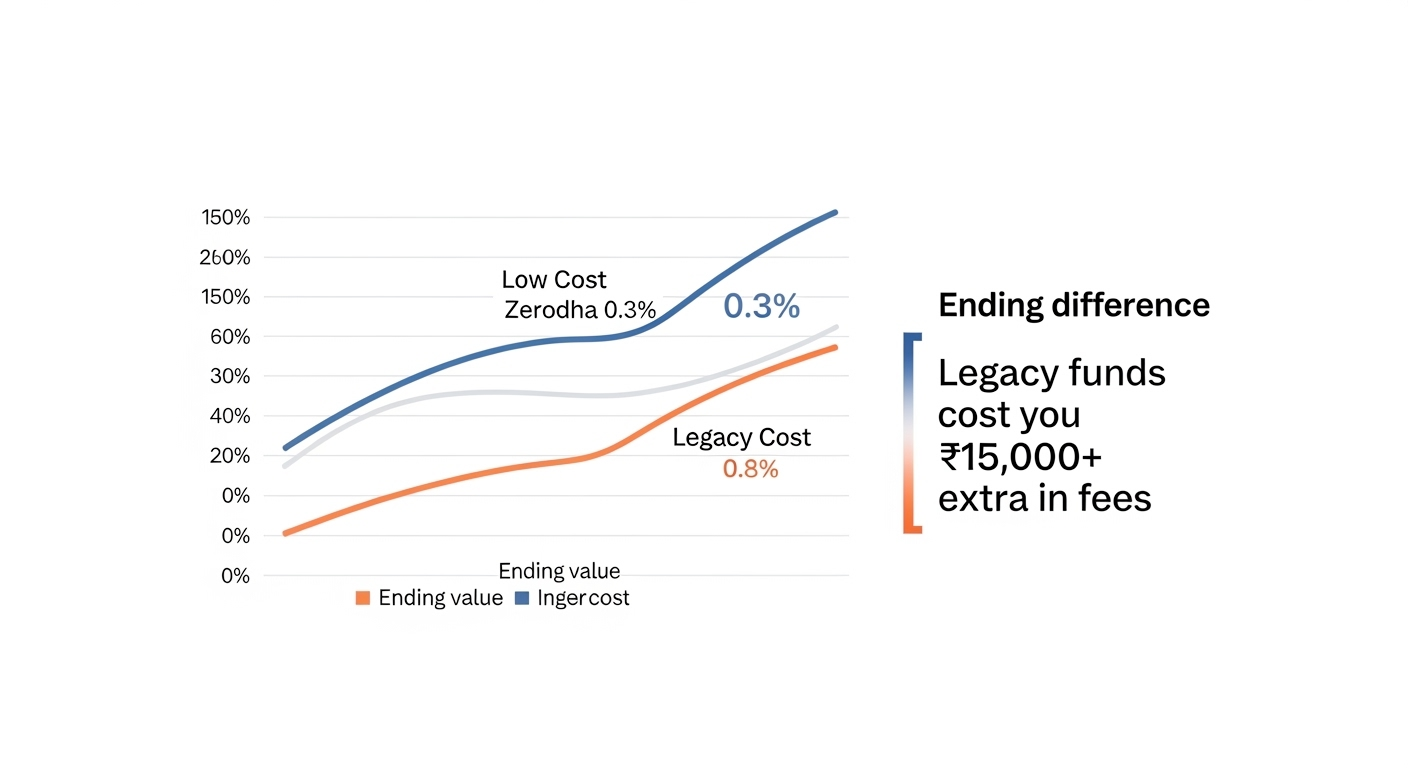 Line chart comparing portfolio growth under low cost Zerodha 0.3 percent versus legacy cost 0.8 percent, showing a widening gap over time and an ending difference note that legacy funds can cost ₹15,000 plus extra in fees.